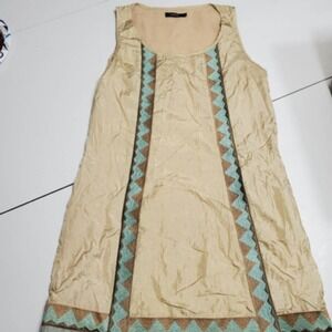 Theme Womens Shift Dress Beige Blue Geometric Scoop Neck Sleeveless‎ Zipper S